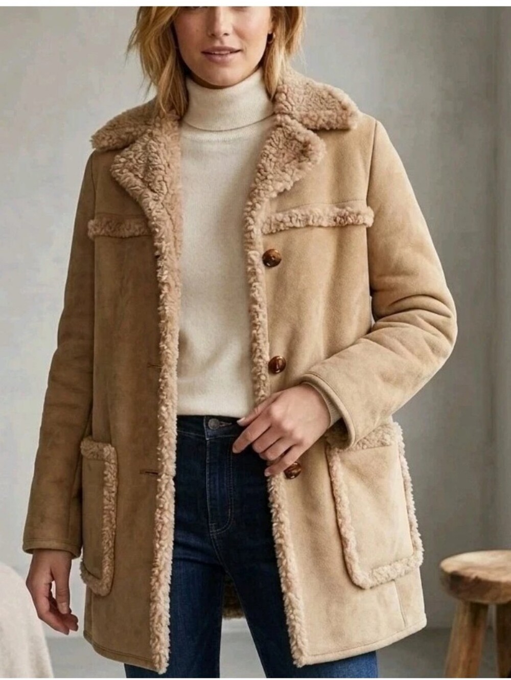 VTG 70s Fingerhut Fashions Penny Lane Faux Suede Sherpa Coat M Boho Hippie Chore